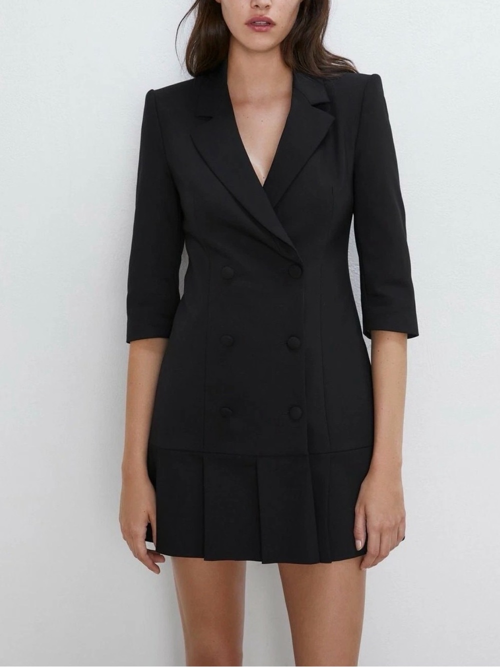 ZARA Black Double Breasted Blazer Dress Pleated Hem Mini Sz M